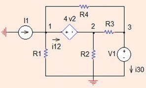 Analysis Methods Fig..35 The circuit for Problem..35 I ¼ 4A; V ¼ 5V; R ¼ R 4 ¼ X; R ¼ 4X; R 3 ¼ X: Consider the supernode consisting of nodes (,).