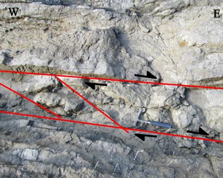 Sinistral strike-slip faults were also observed, for example in the basinal 8b and 10a formations, in combination with what seems to be a normal fault or another strike-slip fault. (fig.