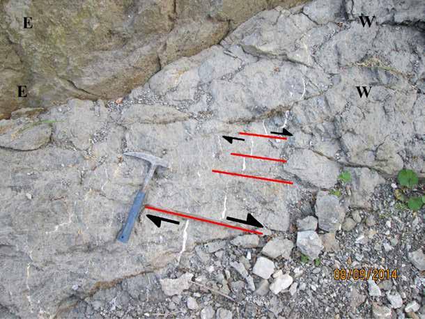 - Occurrence of bedding parallel faults. Strike-slip is a big scale fault (over 15m, but not entirely visible due to river water. - Occurrence of tension gashes (280/78).