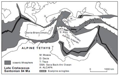 Paleogene The closing of the Meliata Ocean was also partially caused by the opening of the Alpine Tethys in the west at the end of the Jurassic (Schmid et al., 2008).