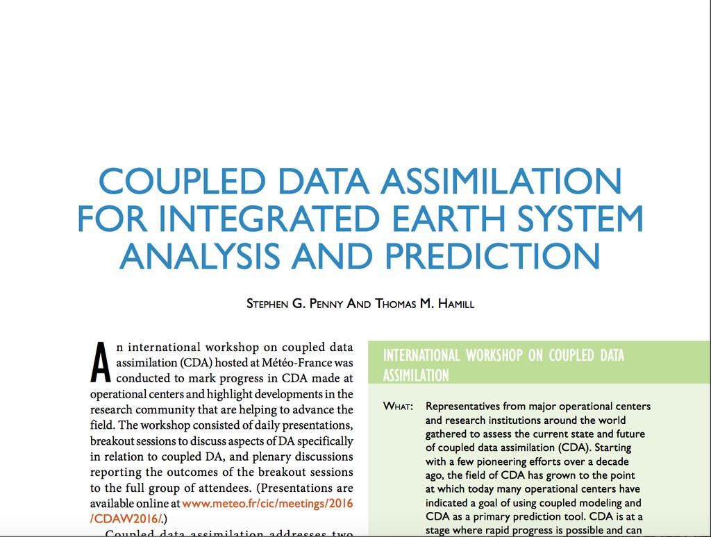 INTERNATIONAL WORKSHOP ON COUPLED DATA ASSIMILATION Penny and Hamill, 2017: Coupled Data Assimilation for Integrated Earth