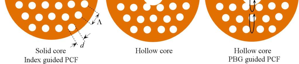 d is the hole diameter and Λ is the array pitch, spacing between the holes (b) and (c) A hollow