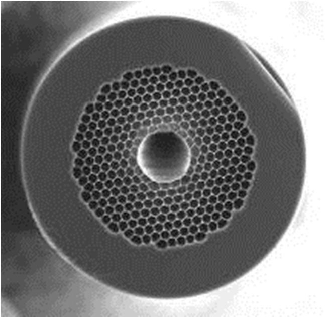 (Courtesy of Philip Russell) Left: One of the first hollow core photonic crystal fibers, guiding