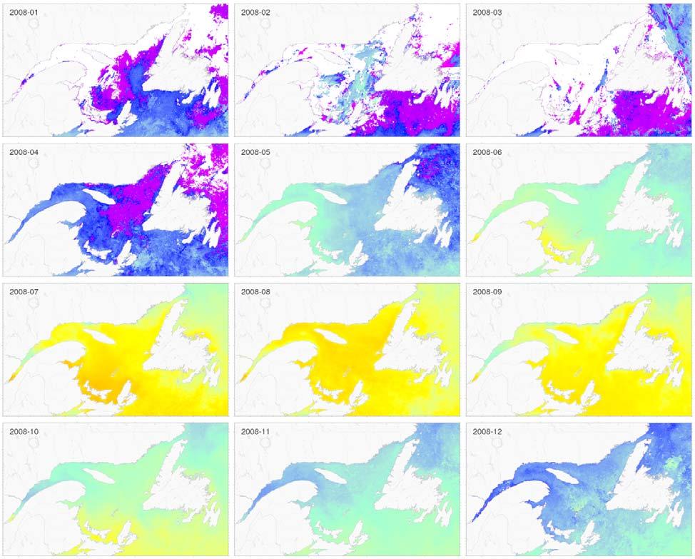 consisting of four 7-day composites per month covering the first 28 days of each month, are shown on Figure 4 as colour-coded maps.