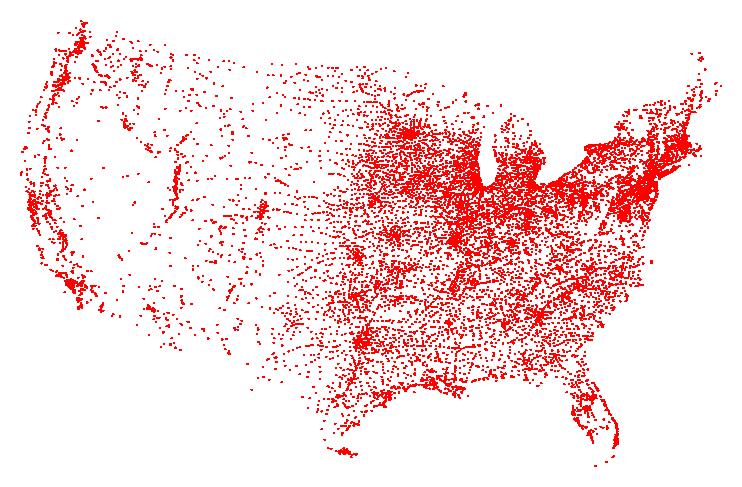 Exact TSP solutions 1998: A tour of 13,509 US cities (population > 500).