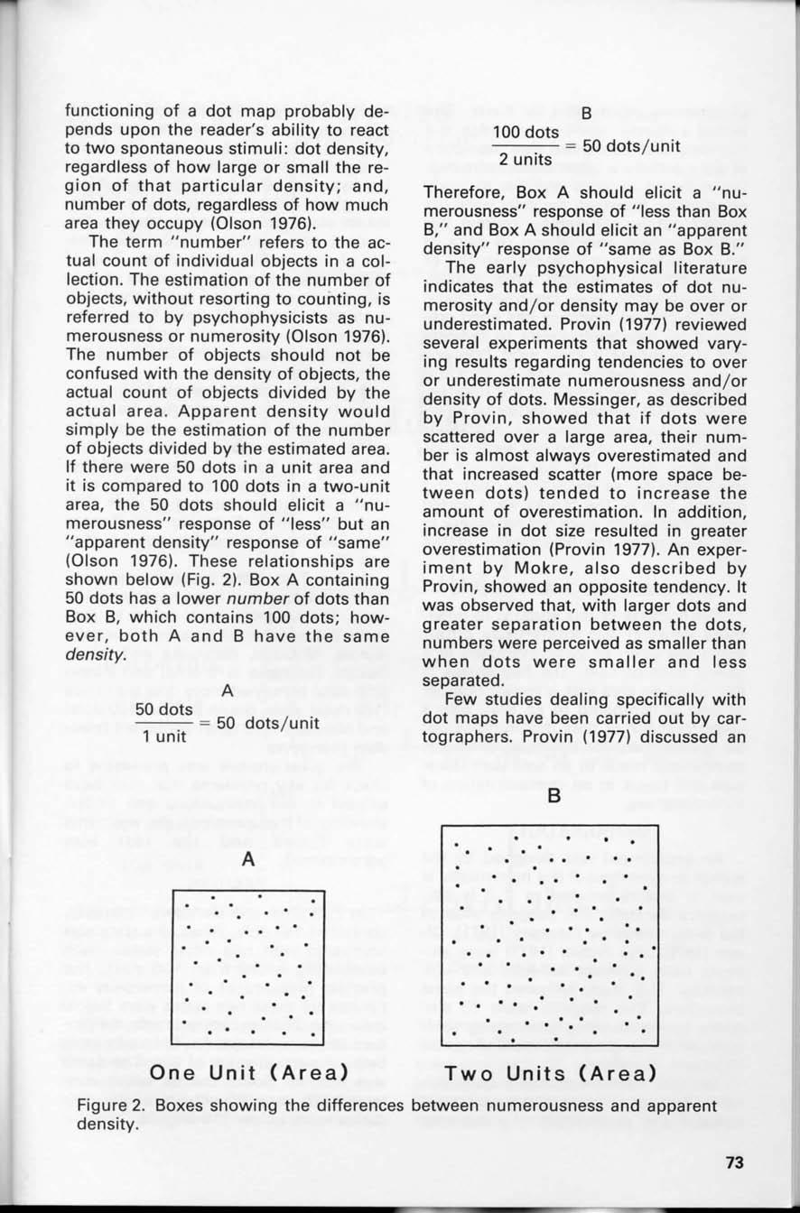functioning of a dot map probably depends upon the reader's ability to react to two spontaneous stimuli : dot density, regardless of how large or small the region of that particular density; and,