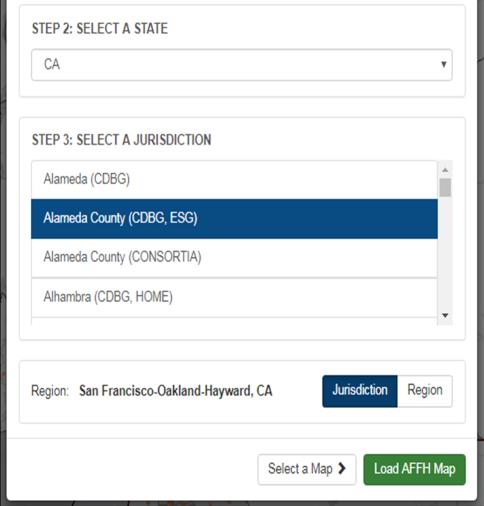 Select a State dropdown menu Jurisdiction/Region toggle Select a Jurisdiction selection menu Load AFFH Map button 3.