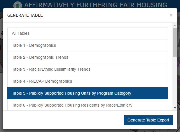 To access information regarding R/ECAP Demographics, click the Table 4 R/ECAP Demographics button located in the Generate Table pop-up.