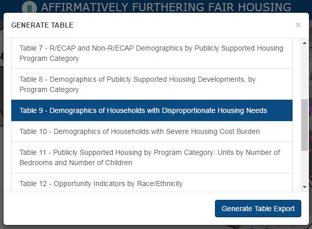 Table 8 - Demographics of Publicly Supported Housing Developments by Program Category Generate Table Select the Generate Table Export button located at the bottom right of the pop-up.
