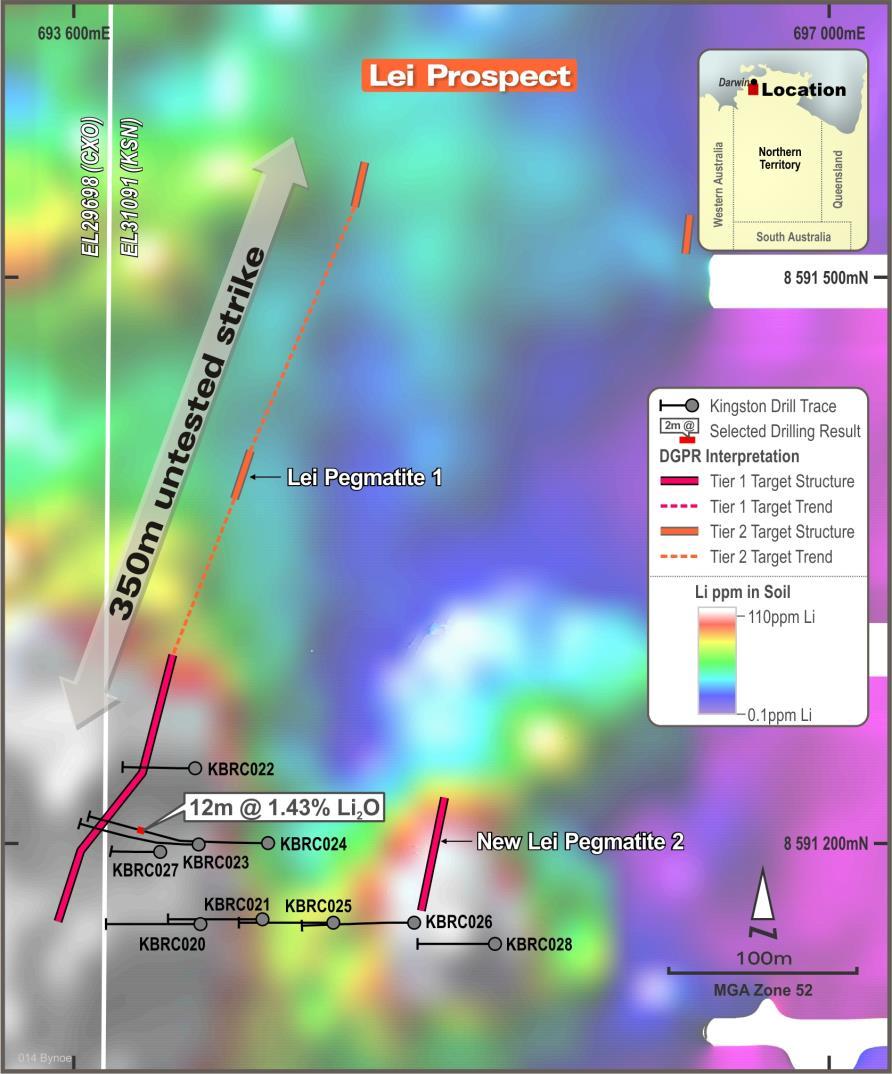 Figure 3: Lei Prospect showing the extent of pegmatite 1 interpreted from RC drilling and DGPR data, and Lei pegmatite 2 recently identified in the DGPR survey.