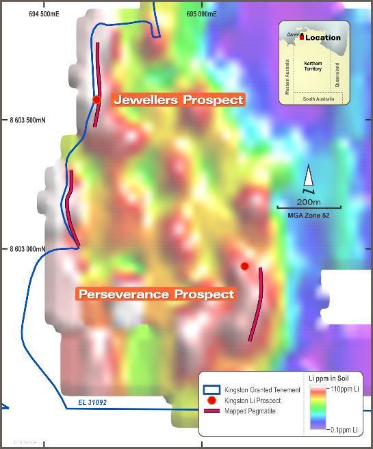 Figure 4: Jewellers & Perseverance: mapped pegmatite positions over the lithium soil sampling grid.