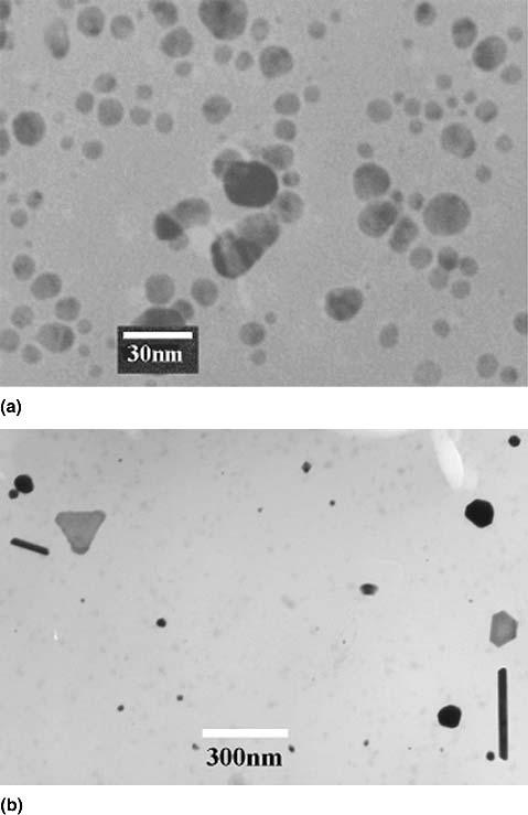 FIG. 3. TEM images of (a) Ag particles in the AgNO 3 PVP sample and (b) Au particles in HAuCl 4 PVP with [HAuCl 4 ] of 0.08 M after final optical measurement. FIG. 2.