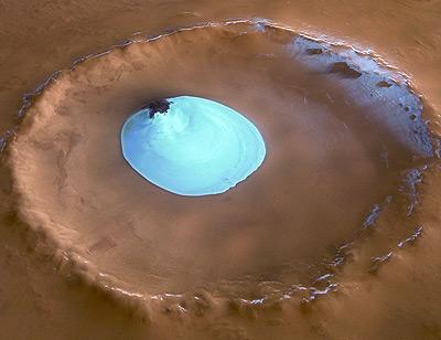 Mars Small glacier of water ice in a crater on Mars. Image courtesy of NASA.