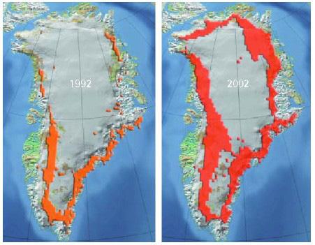 Here are two other maps of Greenland. They show where surface of the ice is melting. Image from http://cires.colorado.edu/steffen/.