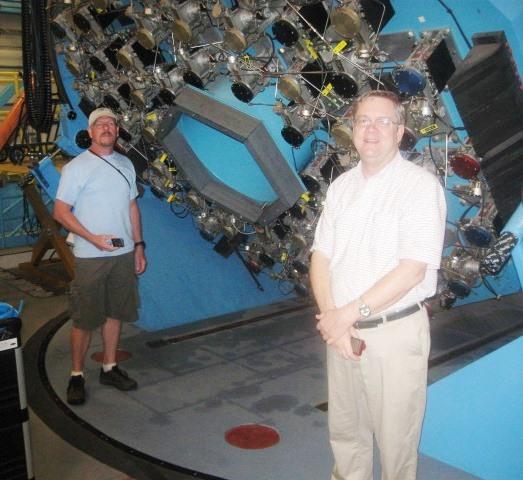 Figure 14. Tom and Kent at the WIYN telescope. After our engineering checkout, Dave Summers kindly gave us a tour of the 3.5-m WIYN telescope.