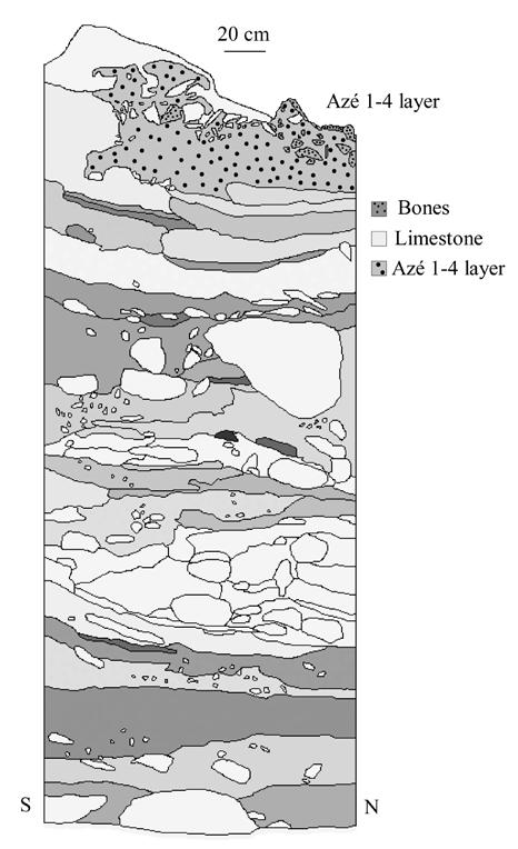Fig. 7. North-south cross section, east side of the Baïonnette and the Azé 1-4 deposit, showing sedimentary filling prior to Azé 1-4 (plans: J. and L. Barriquand, computer processing: L. Barriquand).