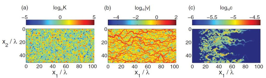 Simulation of transport processes in heterogeneous porous media Multi-lognormal permeability fields Log permeability field variance s 2 lnk=9 Correlation length l=10 Permeater boundary conditions