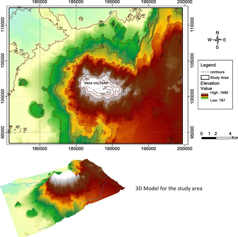Figure 2. The Elevation of Paka Volcano Mountain in the Kenya rift valley generated by ArcGIS 10.1. geology of Paka seems to be highly influenced by tectonism and volcanism.