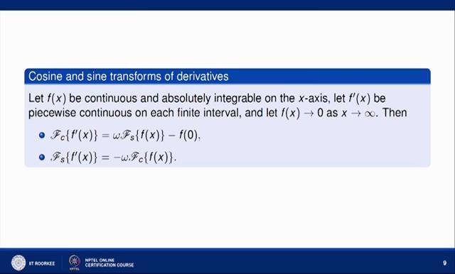 (Refer Slide Time: 11:04) The second thing is cosine and sine transforms derivatives.