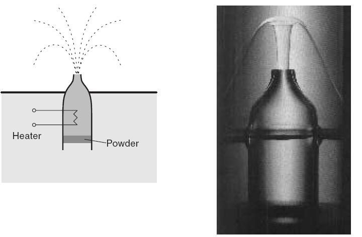 Fountain effect. In the setup below (left), liquid helium in a flask and in a bath is separated by compressed powder which is porous. Left: Enss and Hunklinger, Low-Temperature Physics (2005) p.