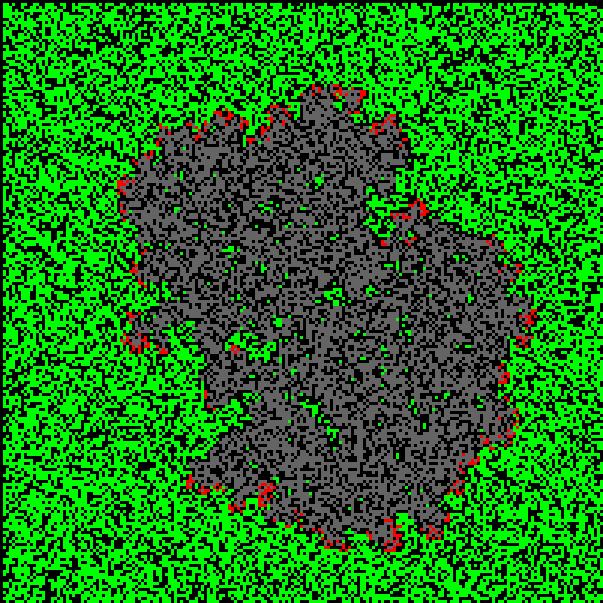 The color map in the figure varies from 0 (black) to 1 (white), and the cells that not burn (green cells). fit, and thus a rate of spread can be defined as the angular coefficient of the linear fit.
