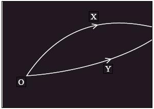 10. A particle detector shows tracks produced by two particles X and Y that were created by the decay of a lambda particle at O.