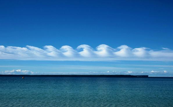 Kelvin-Helmholtz wave cloud: Kelvin-Helmholtz instability can occur when velocity shear is present within a continuous fluid or, when there is sufficient velocity