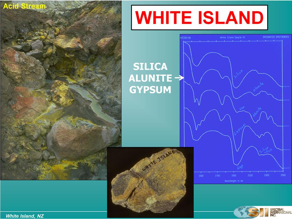The rock shown, which is obviously andesitic, was collected from one of the acid streamlets similar to the one shown in the picture. The yellow is alunite; white is gypsum.