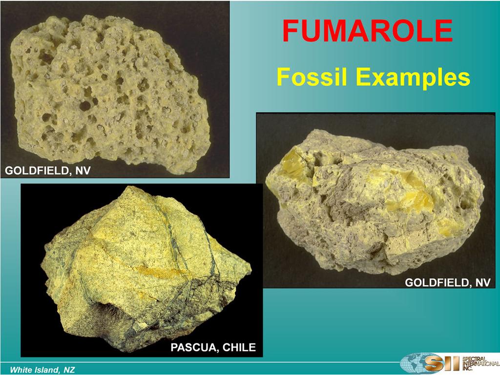 Examples of fossil fumarole systems: These photos show rocks from Chile and Goldfield, NV.