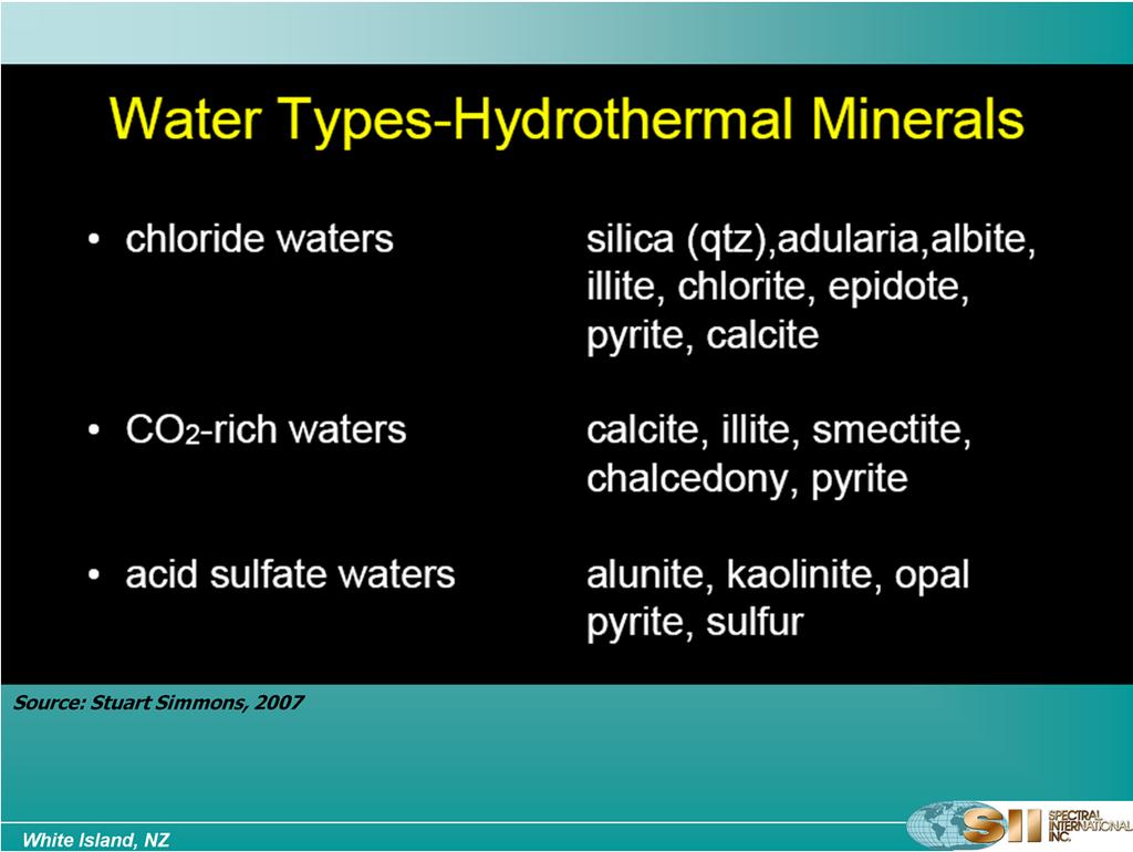 This chart summarizes the types of minerals that are typically associated with different geothermal systems.