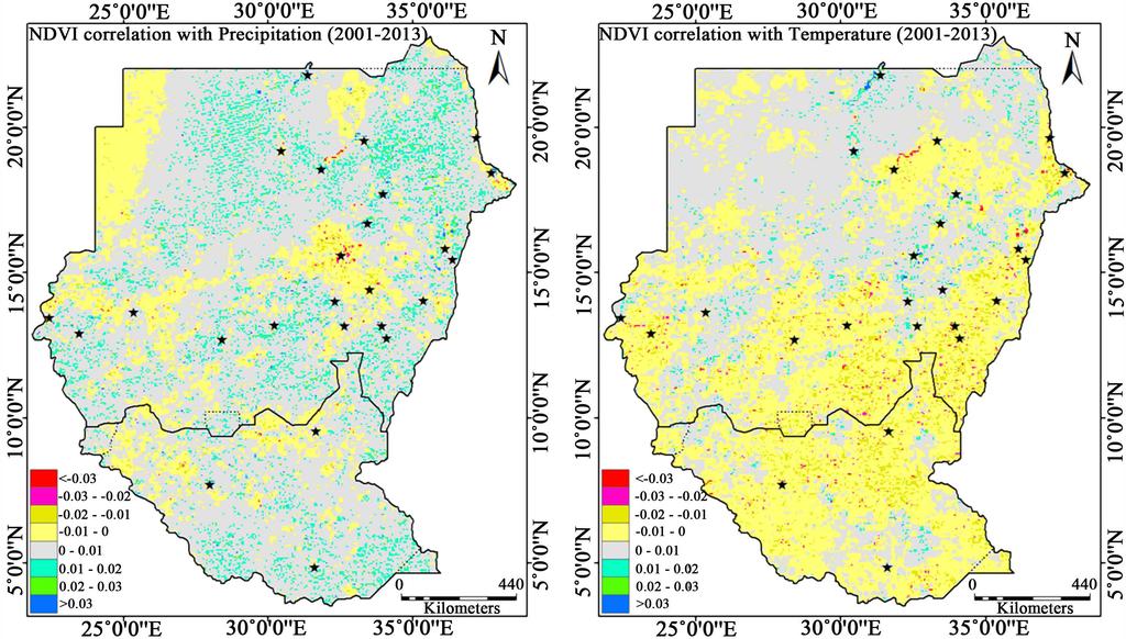 matic factors in Sudan, the mean annual precipitation and temperature data of 845 sites in recent 13 years was used. Using correlation method, grid related calculations are made in ArcGIS v 10.