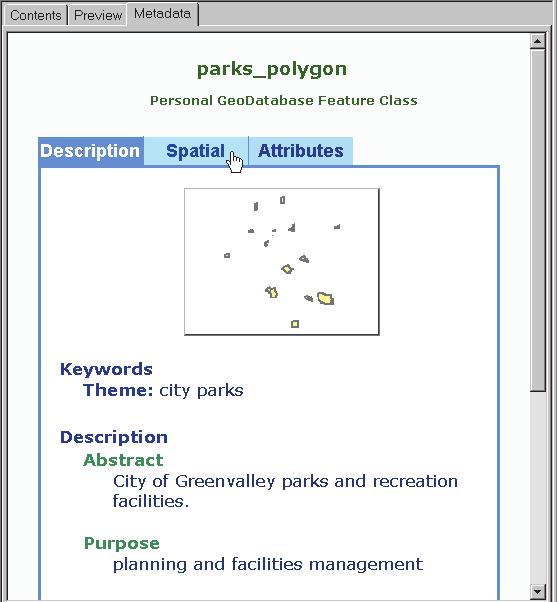 5. Click the Spatial tab in the metadata panel. You can see that the coordinate system for the parks_polygon feature class uses a Transverse_Mercator projection.