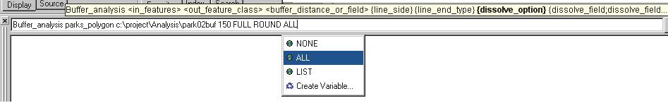 9. Specify FULL for line_side, ROUND for line_end_type, and ALL for dissolve_option, pressing the spacebar to move between each command. You don t need to specify the dissolve field at this time. 10.