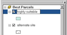 ArcMap creates a new layer in the Best Parcels data frame that contains the selected features. The default name is parcel02sel selection. You will rename it to highly suitable.