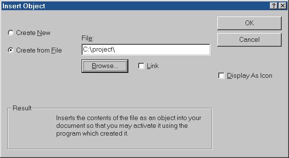 Click Insert and click Object. The Insert Object dialog box appears. 2. Click Create from File, then click the Browse button. 4. Click OK. The text file is added to the map. 5.