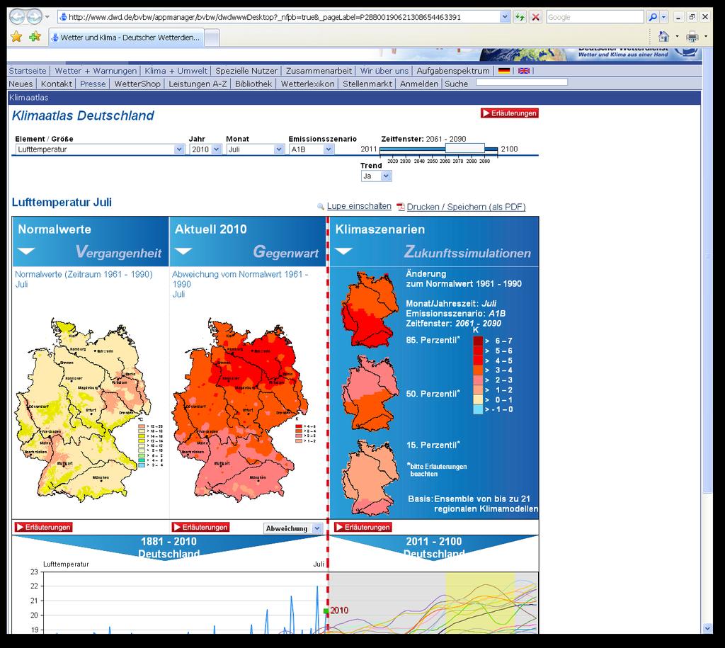 User interface platform Percentil view of the climate modelling results 85.