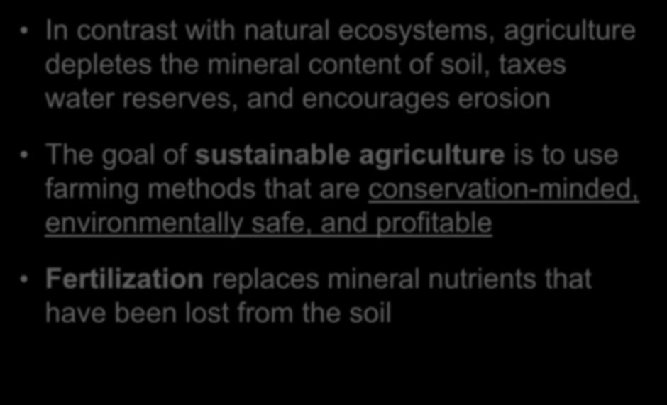 Soil Conservation and Sustainable Agriculture In contrast with natural ecosystems, agriculture depletes the mineral content of soil, taxes water reserves, and encourages erosion The goal of