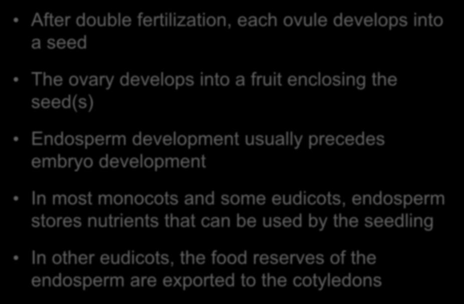 Seed Development, Form, and Function After double fertilization, each ovule develops into a seed The ovary develops into a fruit enclosing the seed(s) Endosperm development usually precedes embryo