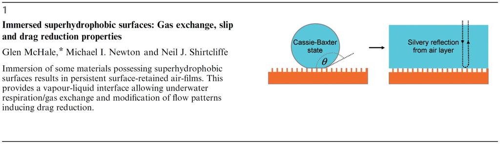 Postprint Version G. McHale, M.I. Newton and N.J. Shirtcliffe, Immersed Superhydrophobic Surfaces: Gas exchange, slip and drag reduction properties, Soft Matter (2010); DOI: 10.1039/b917861a.