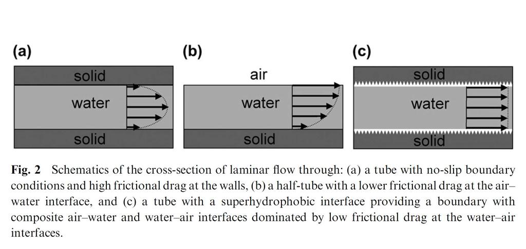 Fig. 2 Schematics of the cross-section of laminar flow through: (a) a tube with no-slip boundary conditions and high frictional drag at the walls, (b) a half-tube with a lower frictional drag at the