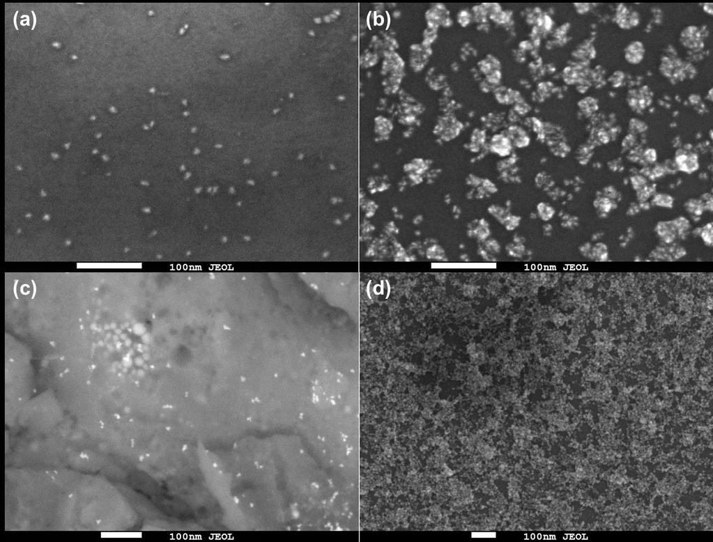 Fig. 1 SEM image of InP surface with Pt nanoparticles deposited a) one hour with InP wafer on positive electrode during EPD, b) one hour with InP wafer on negative electrode during EPD, c) 15 hours