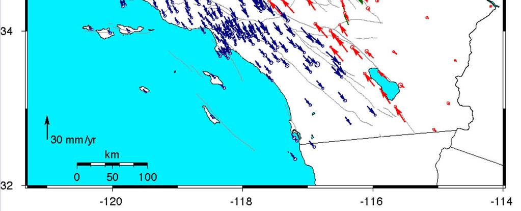 Motions in California Red vectors relative to North America; Blue vectors relative to Pacific Motion across the plate boundary is