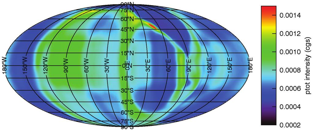 The first row shows the total pressure (Equation 16) extracted from our wind simulations as a function of latitude and longitude at the orbital radius.