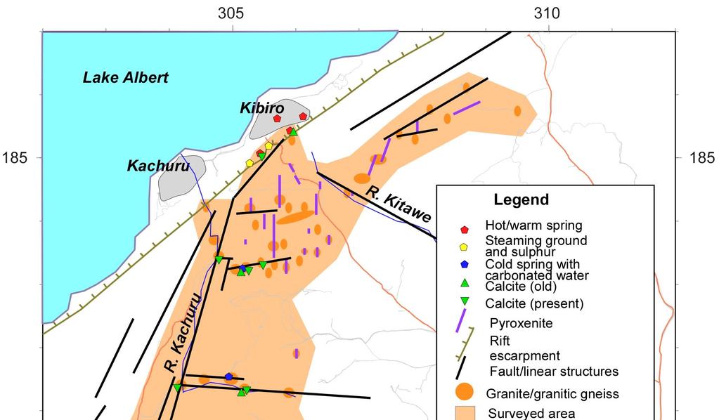 Exploration and development in Uganda 5 Bahati and Natukunda series. This confirms that the depth to the intrusive source of heat is greater than 300 m to which the wells were drilled (Gislason et al.
