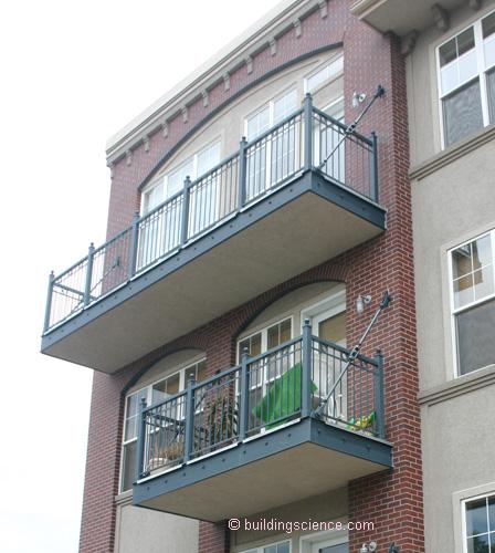 Solution 1: Hanging balconies These balconies are precast concrete that is connected with offset point supports and tie