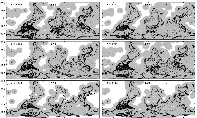 Figure 1. Distribution of precipitation stations in the CRU dataset for the indicated years. Shaded areas show 0.5 grid cells that have a station within 450km of the cell centre.