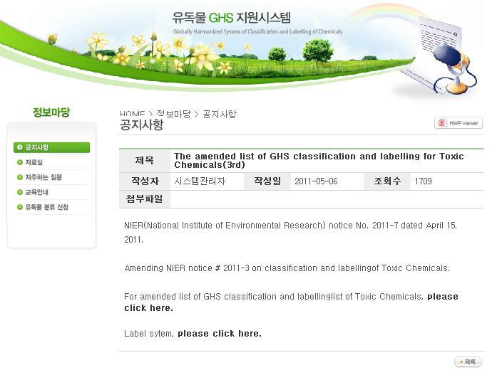 Korea GHS 4) Compulsory Classification List Mandatory to follow C&L conducted by NIER for toxic chemicals(>620);