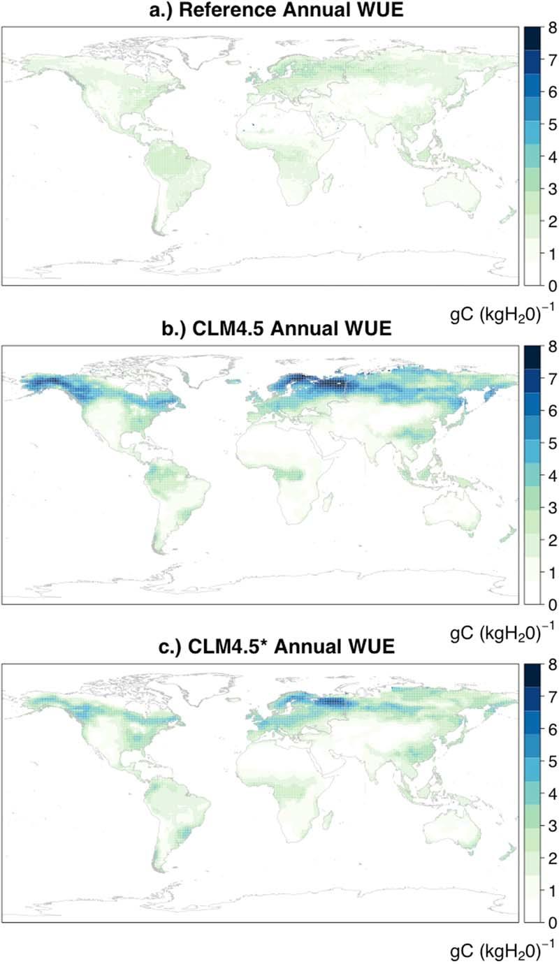Figure 7. Spatial distribution of annual WUE ET (ratio of GPP to evapotranspiration) for (a) reference data, (b) default version of CLM4.5 (CLM4.5), and (c) modified version of CLM4.5 (CLM4.5*) aggregated across 1995 2004.