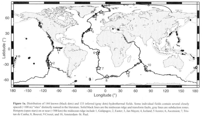Remember from lecture 2 Global distribution of submarine hydrothermal vent sites (above) and areas of survey coverage (right),