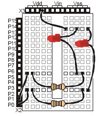 Figure 2: LED circuit setup. Vdd is at 5 V so be sure to connect the rounded side of the LED to that wire. Pins P0 through P15 can be read or controlled by the basic stamp.
